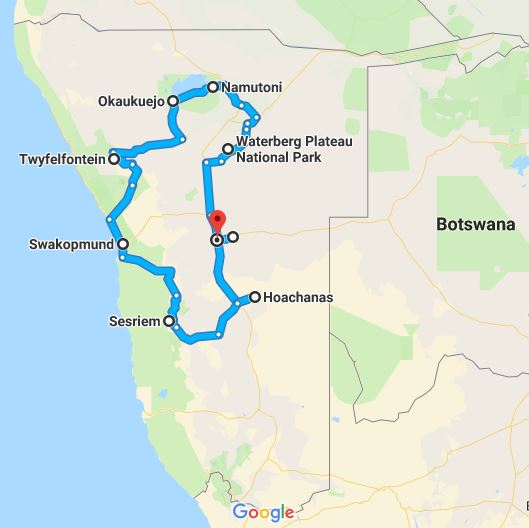 Namibia Karte 2 wöchige Tour Highlights zentral