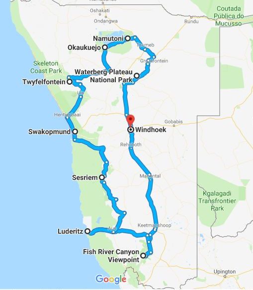 Namibia Karte 3 wöchige Tour Süden
