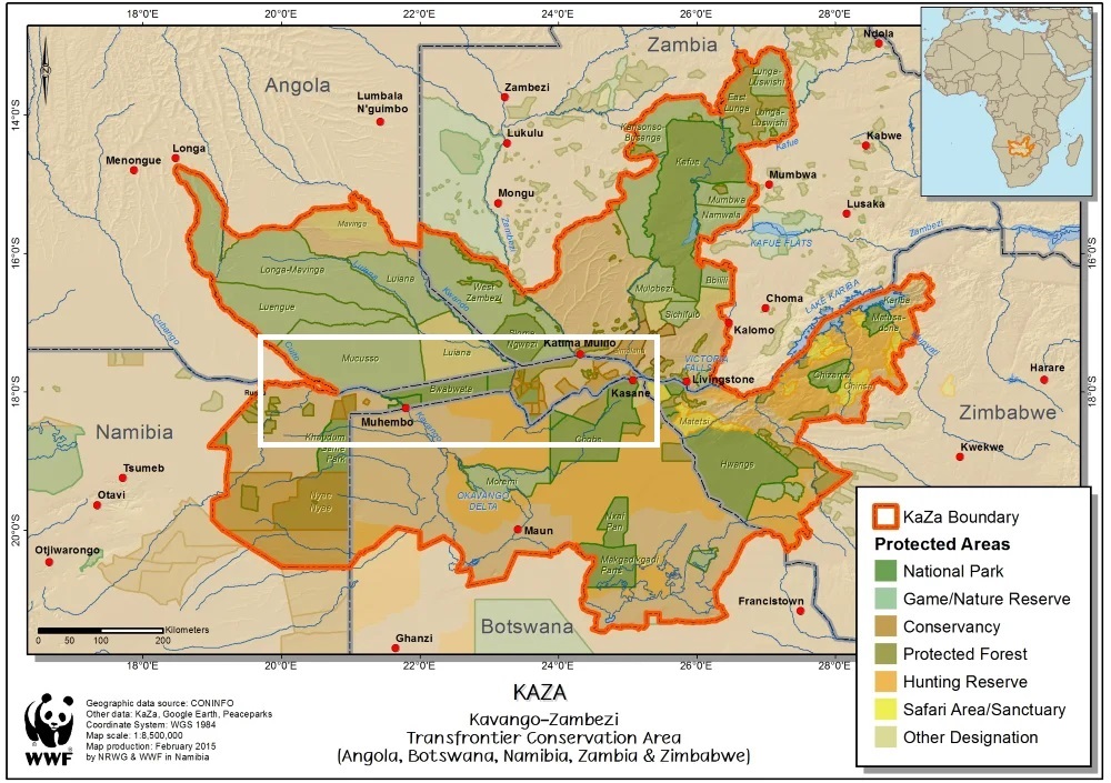 Karte der Nationalparks und Hegegebiete in Namibia / KAZA C) WWF