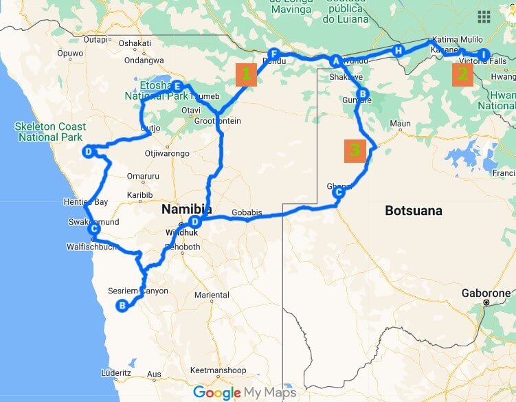 Namibia Selbstfahrer Reise Route Highlights und Caprivi bis Victoria Falls