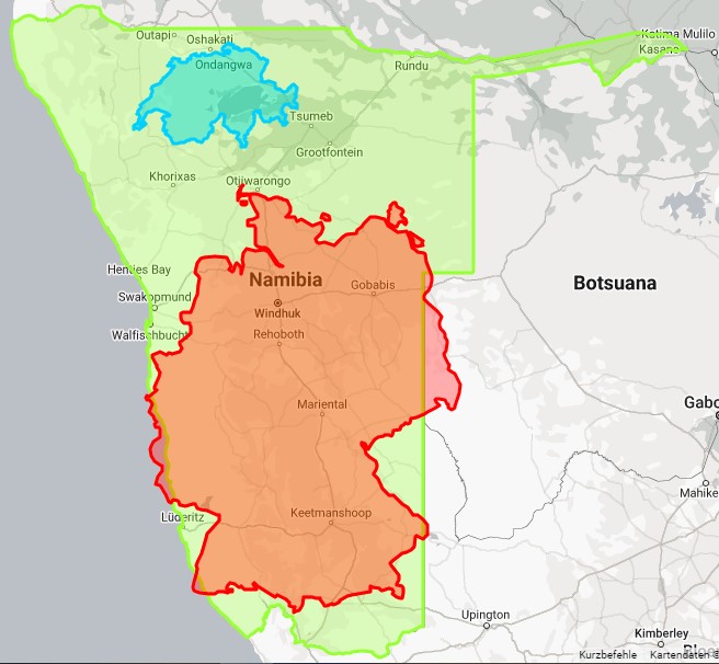 Namibia Vergleich der Fläche mit Deutschland und der Schweiz