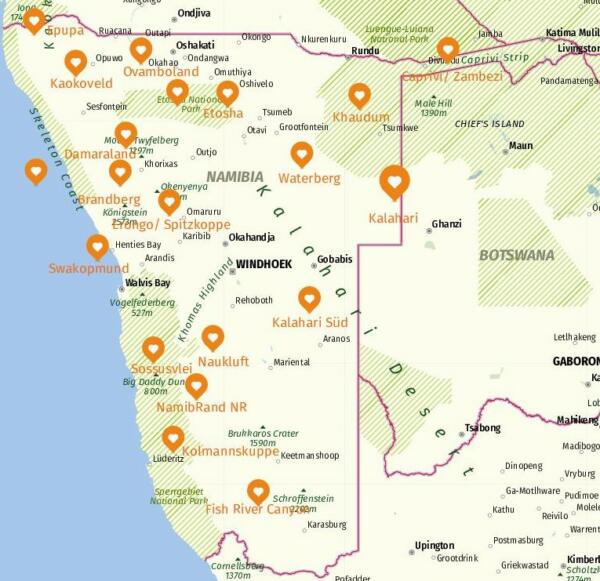 Karte mit Namibias Sehenswürdigkeiten 