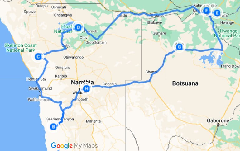 Karte Route Highlights Namibia und Botswana mit Viktoria Fällen - ca 3,5-4 Wochen