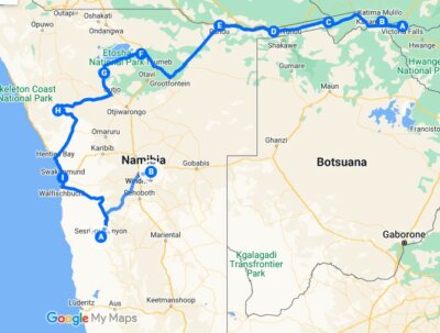 Karte Route Highlights Namibia und Botswana zu den Viktoria Fällen - ca 3 Wochen