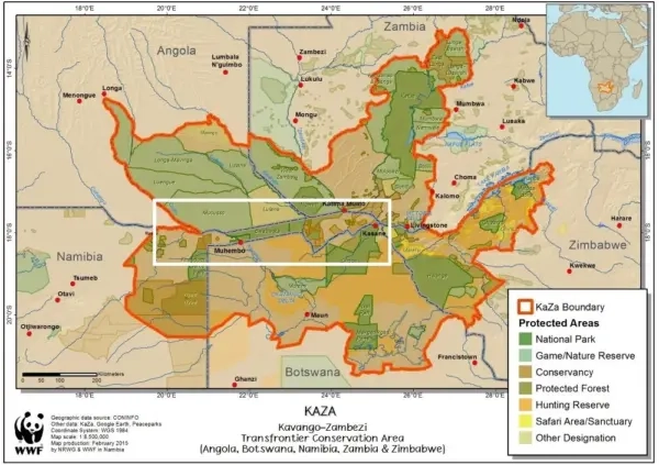 Karte der Nationalparks und Hegegebiete in Namibia / KAZA C) WWF
